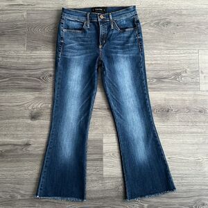 CALVIN RUCKER True Love Flare Jeans Size 27 Dark Blue Frayed Hem Mid Rise Boho